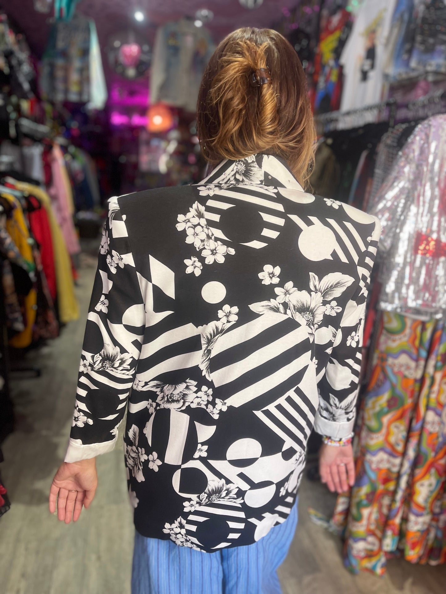 Vintage 90s Mix Print Black and White Geometric Blazer