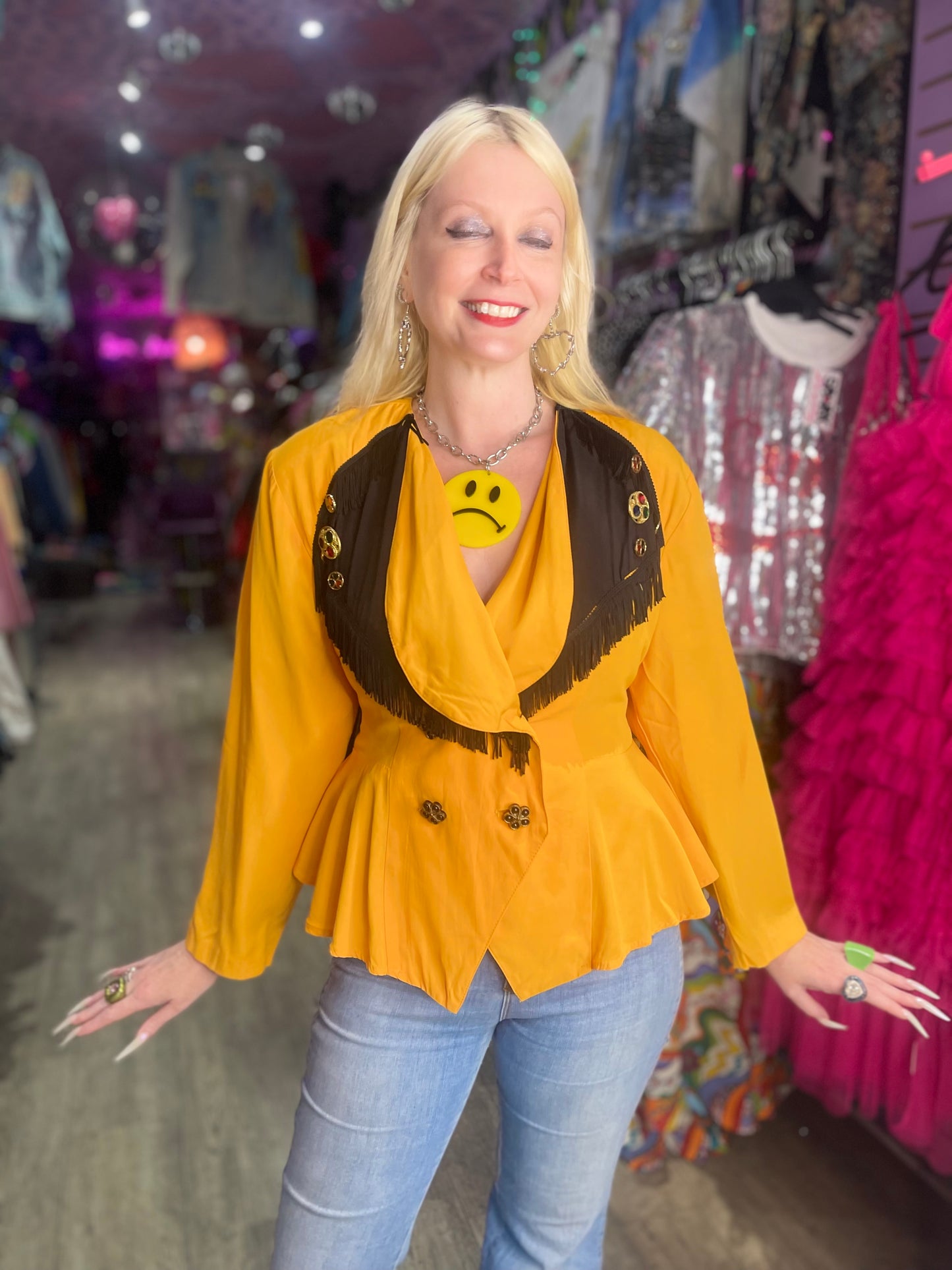 Vintage 90s Yellow Bedazzled Studded Fringe Jacket