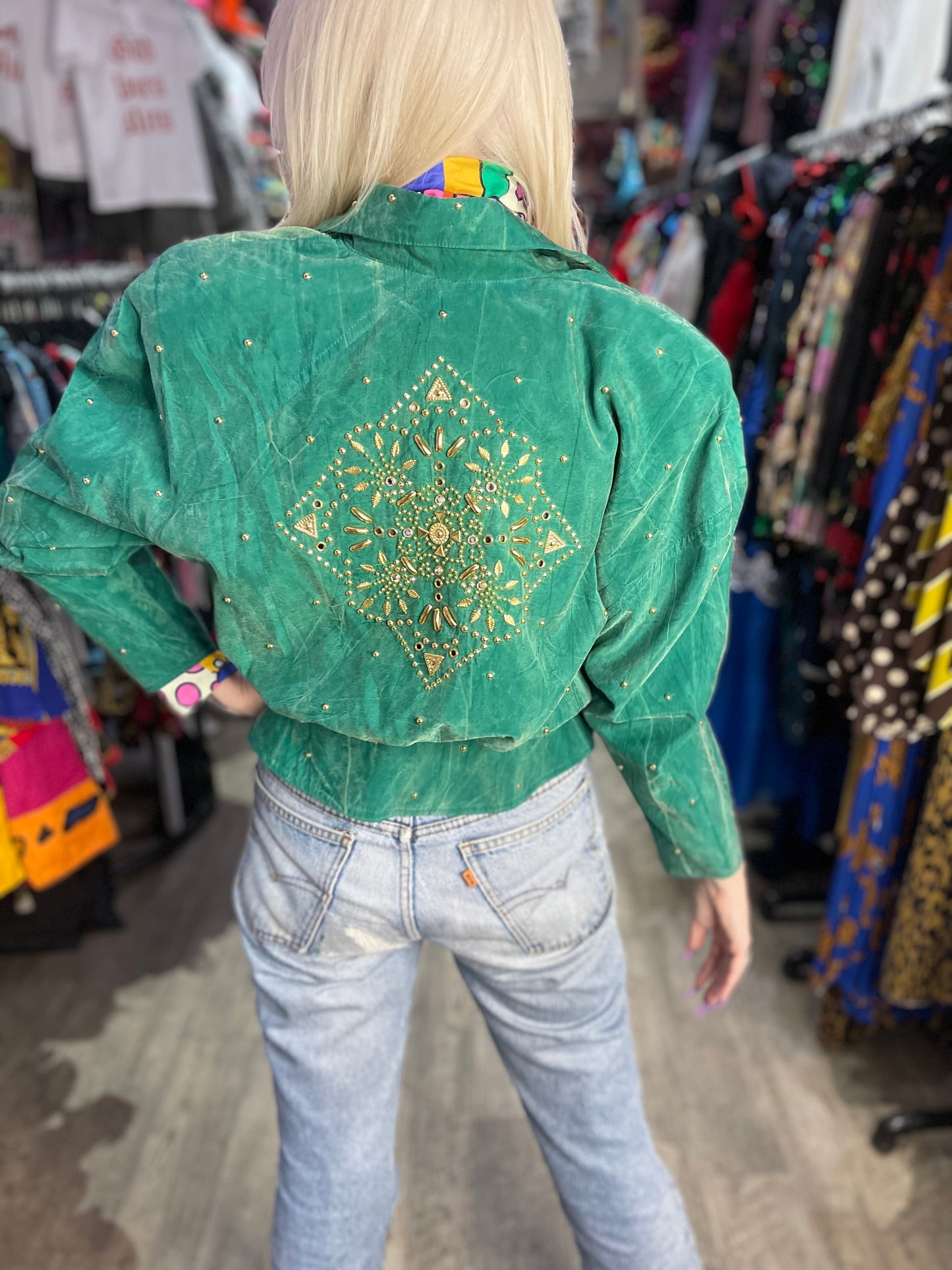 Vintage 90s Jewel Green Bedazzled Studded Moto Jacket