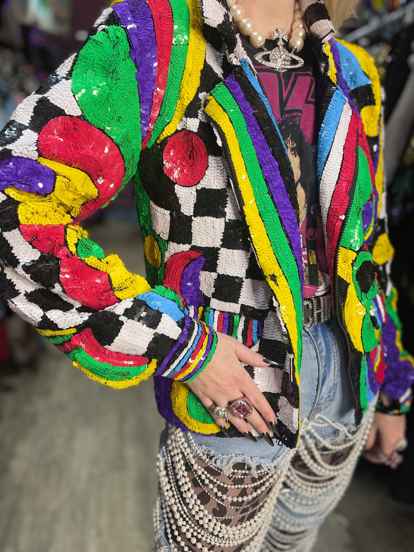Vintage 90s Wild Colorful Mix Print Sequin Encrusted Blazer Jacket