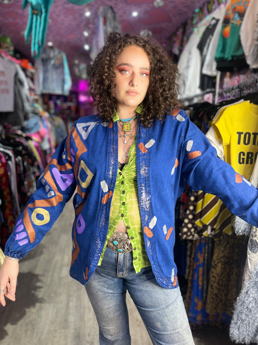 Vintage 80s Geometric Painted Blue Jacket