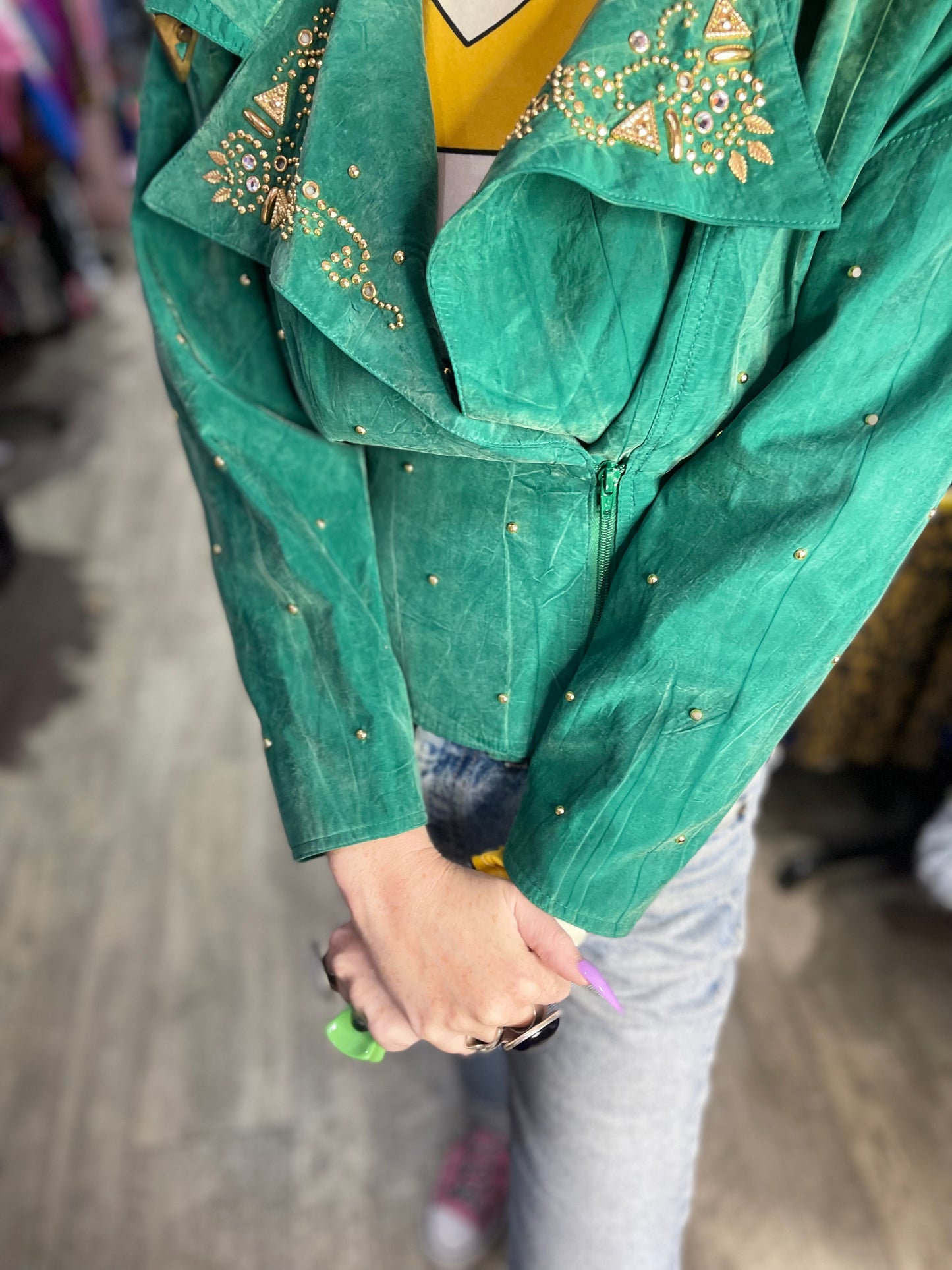 Vintage 90s Jewel Green Bedazzled Studded Moto Jacket