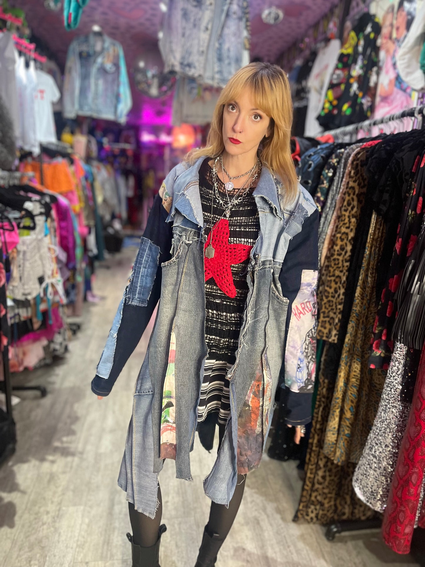 Vintage Y2K Denim Patchwork Duster