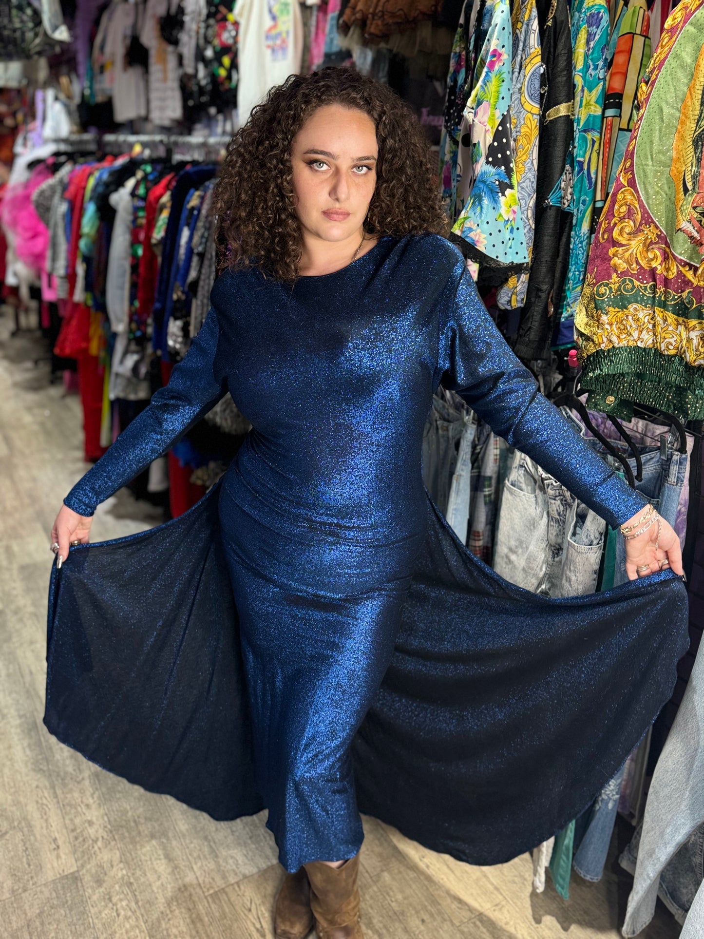 Vintage 80s Blue Metallic Draped Dress Spark Pretty Vintage 80s Blue Metallic Draped Dress Spark Pretty