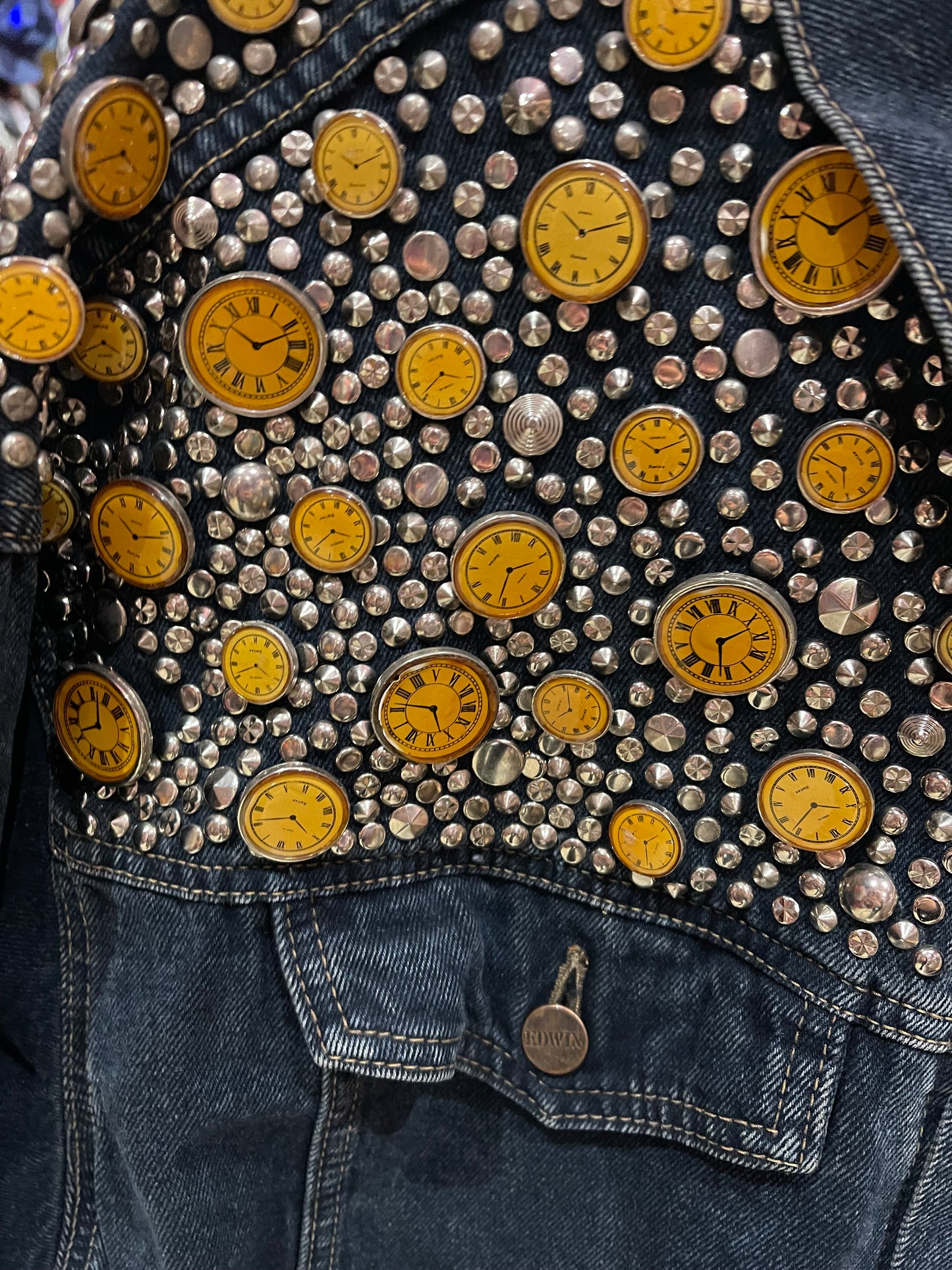 Vintage 80s Studded Clocks Jean Jacket