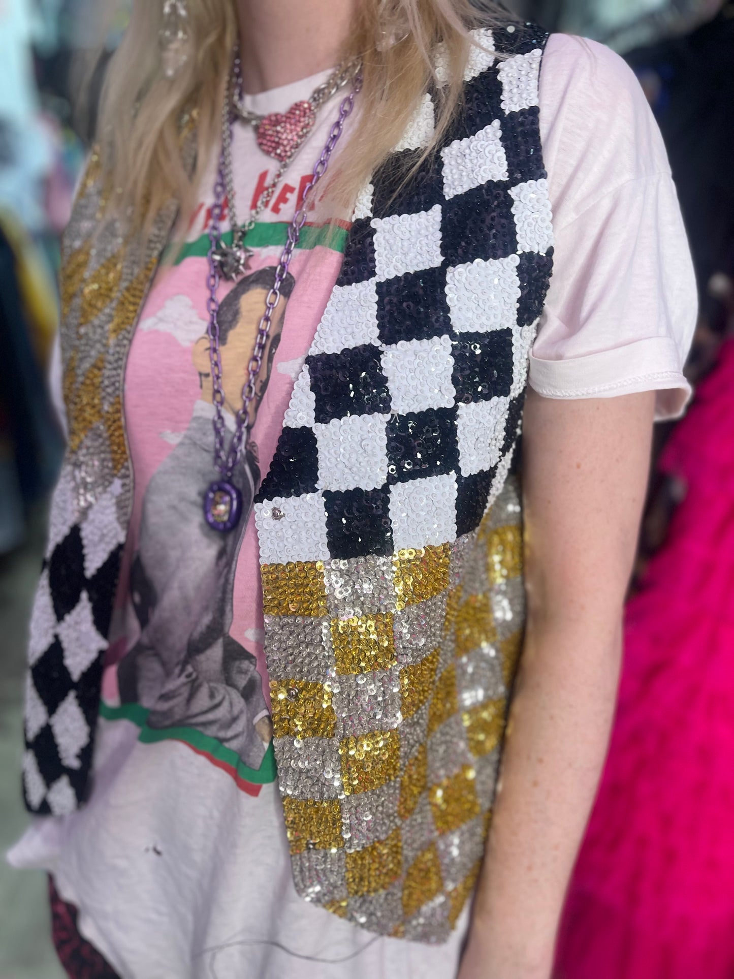 Vintage 90s Sequin Harlequin Theme Sequin  Vest - Spark Pretty