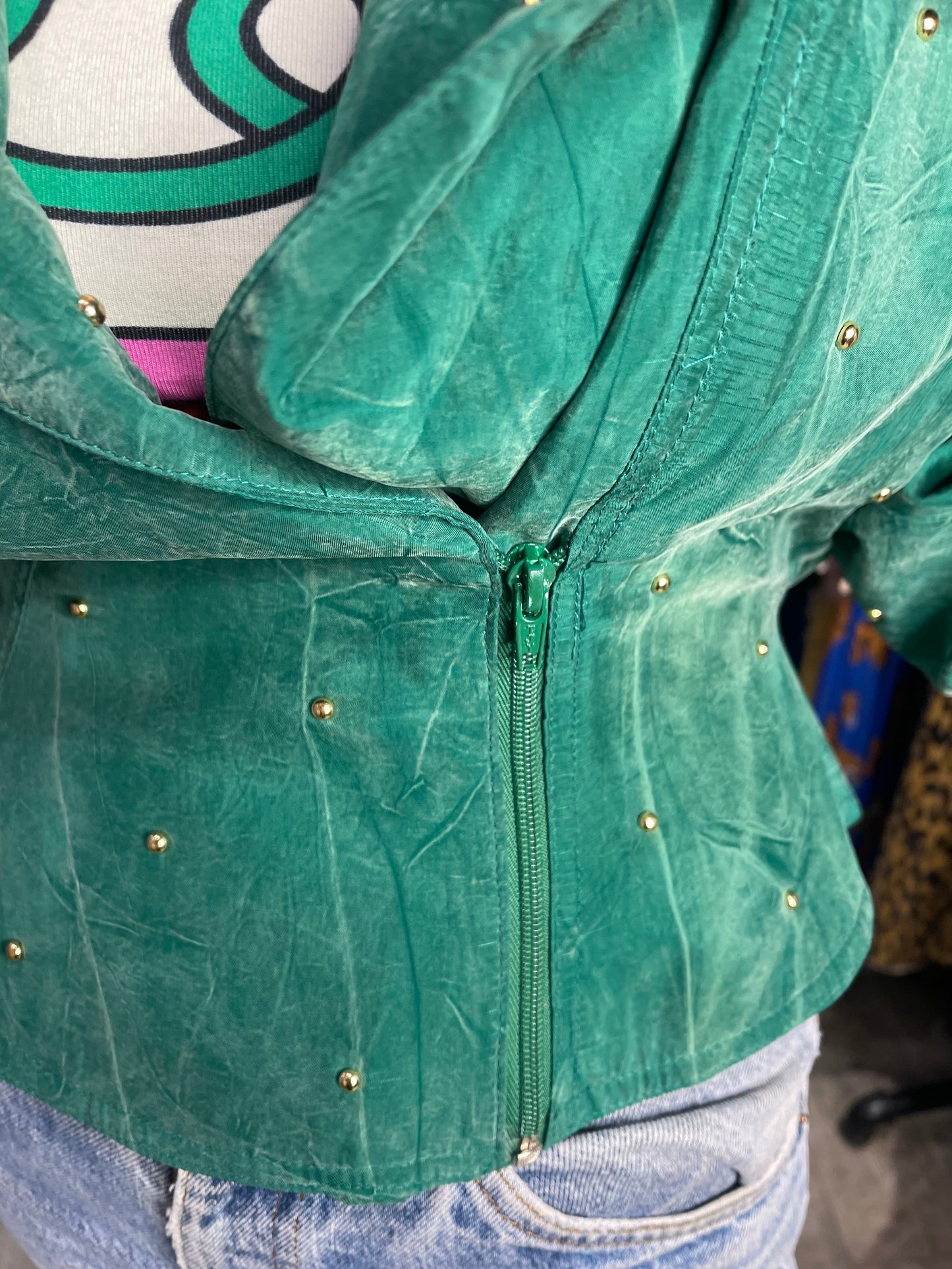 Vintage 90s Jewel Green Bedazzled Studded Moto Jacket