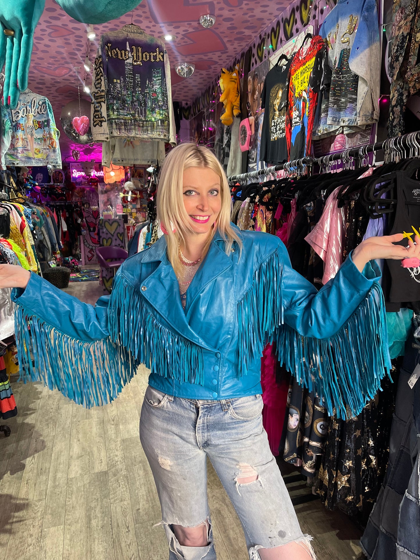 Vintage 80s Turquoise Blue Leather Fringe Moto Jacket - Spark Pretty