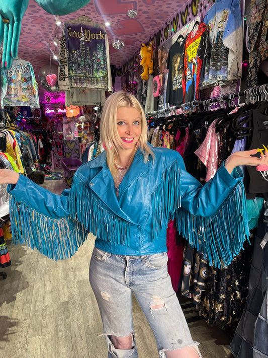 Vintage 80s Turquoise Blue Leather Fringe Moto Jacket - Spark Pretty