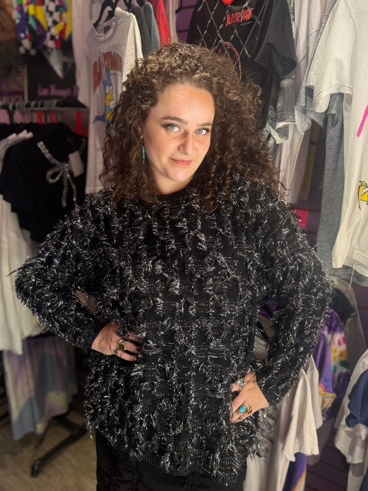 Vintage 80s Black with Silver Shaggy Tinsel Sweater