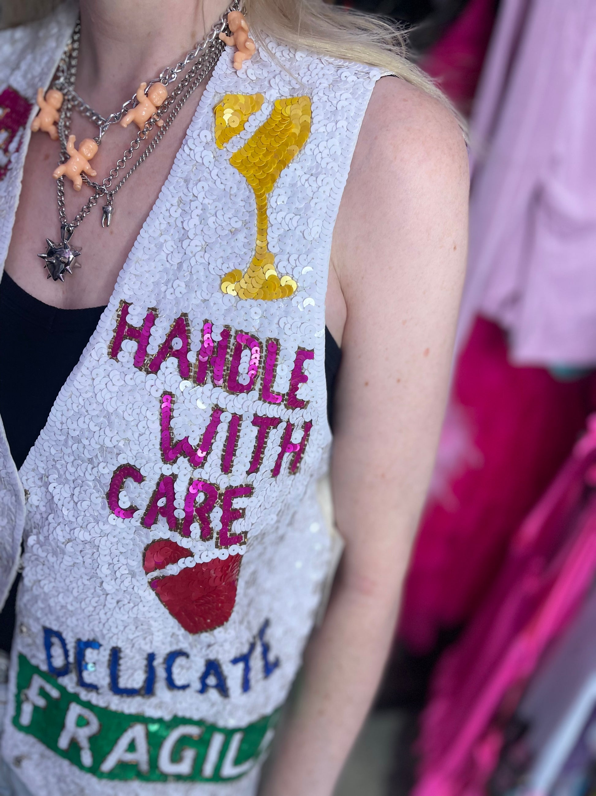 Vintage 90s Sequin Fragile Theme Vest - Spark Pretty