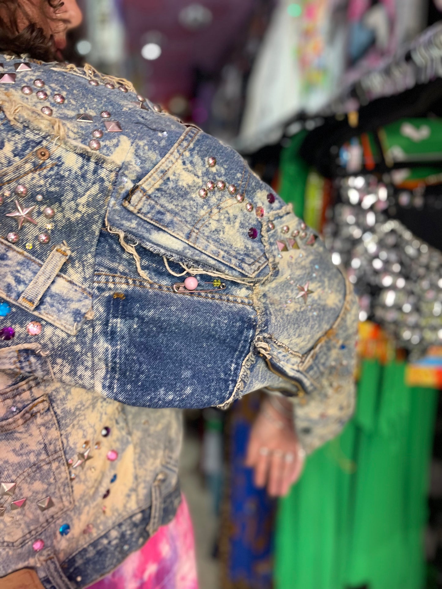Vintage 80s Custom Patchwork Designer Quilted Bling Denim Jacket