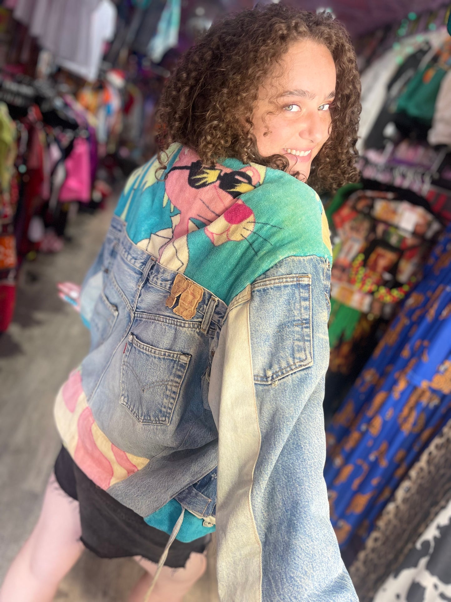 Vintage 80s Patchwork Pink Panther Jean Jacket