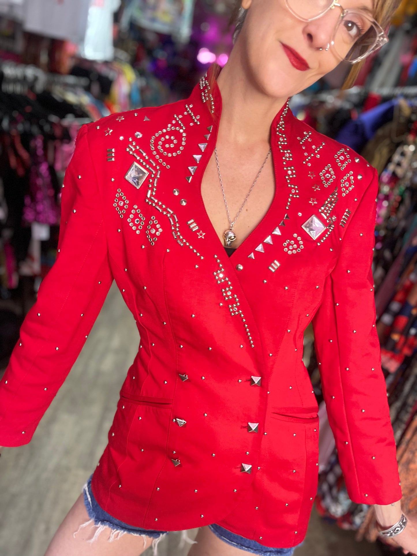 Vintage 90s Bedazzled Studded Red Double Breasted Jacket