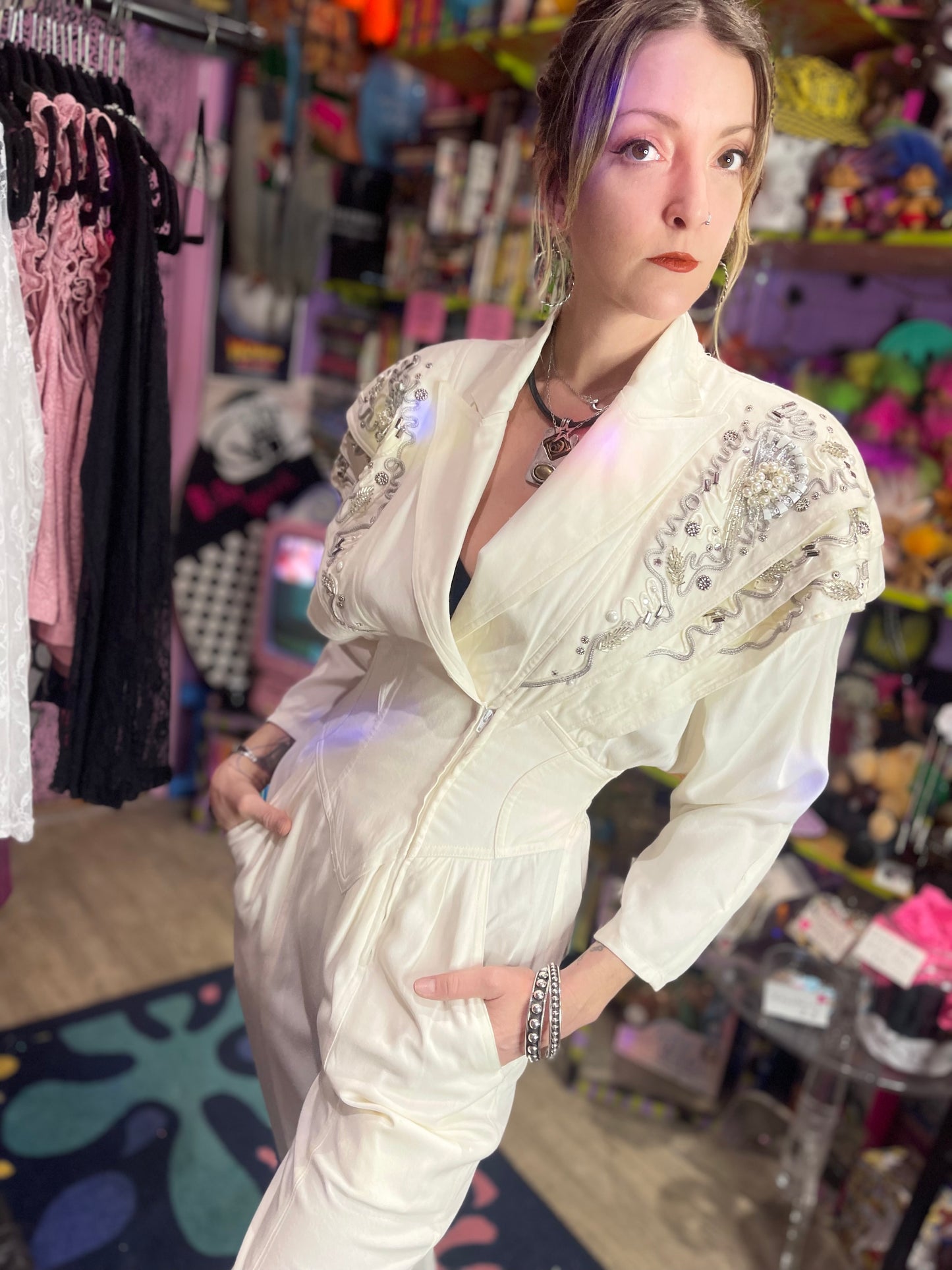 Vintage 90s White Beaded Dynasty Jumpsuit