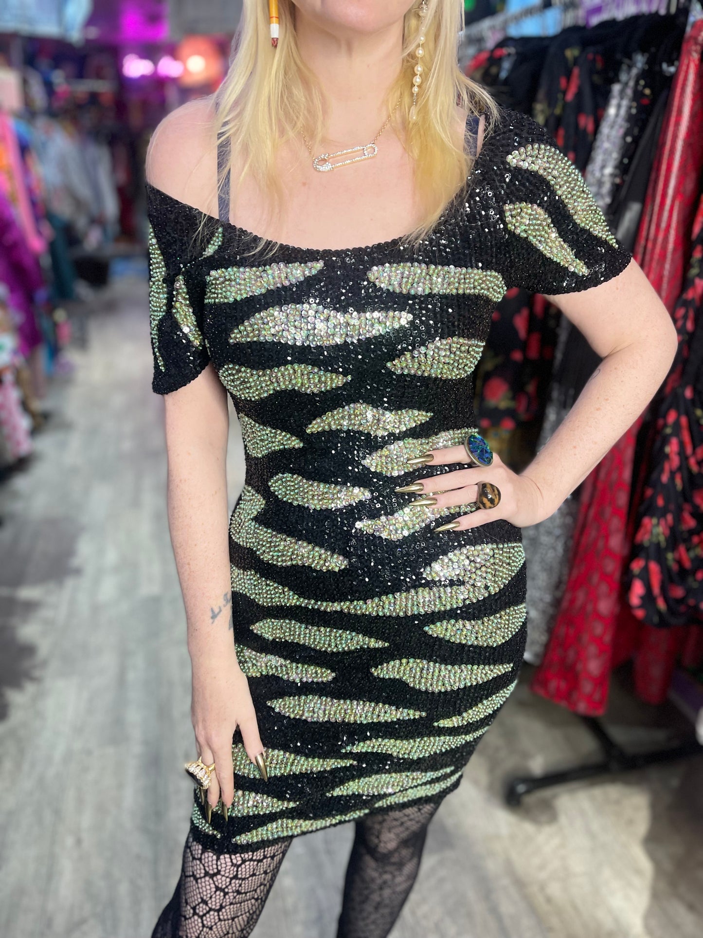 Vintage 90s Sequin Animal Print Dress