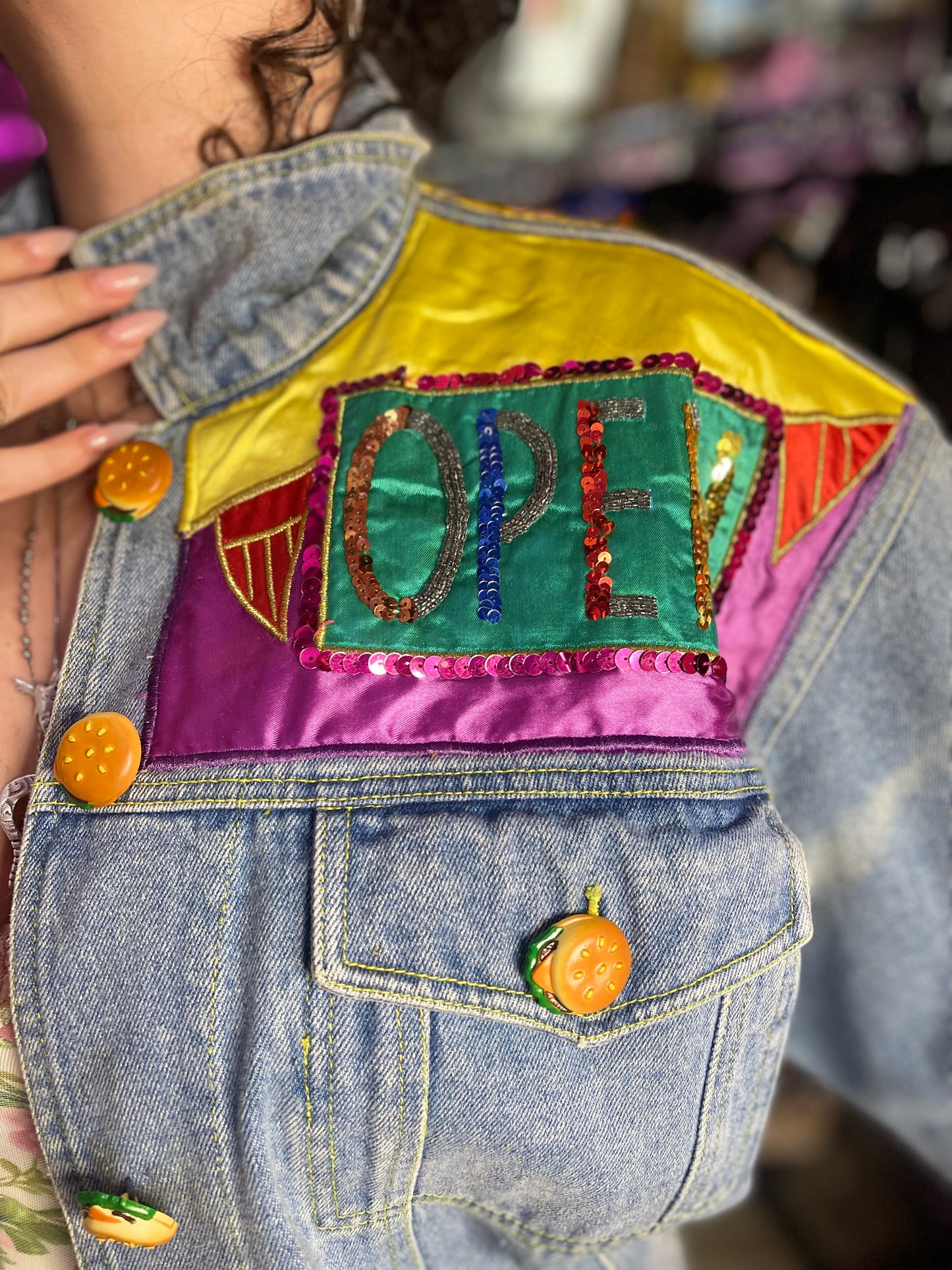 Vintage 90s Sequin Diner Theme Jean Jacket - Spark Pretty