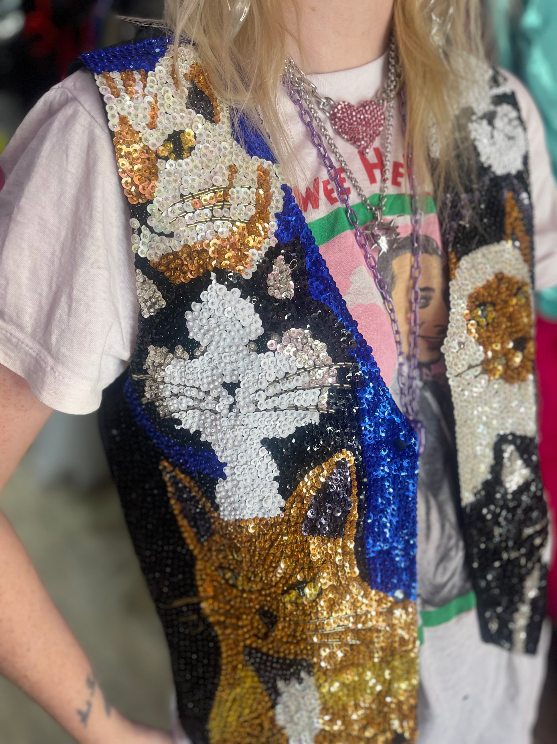 Vintage 90s Sequin Cats Theme Sequin Vest - Spark Pretty