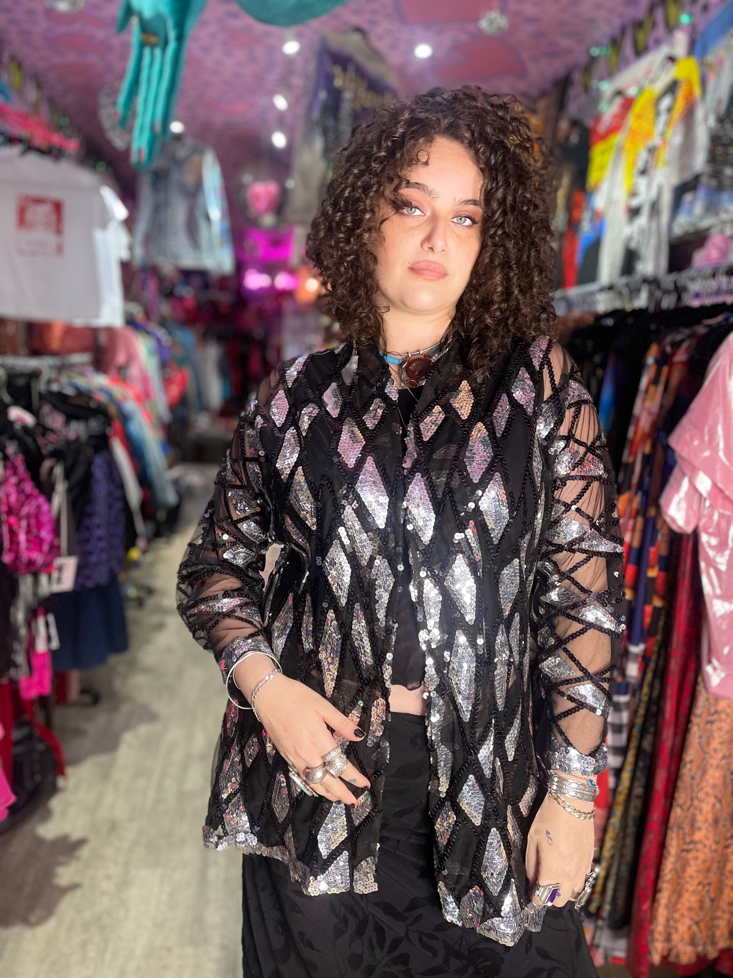 Vintage 80s Sequin Silver and Black Kimono Jacket