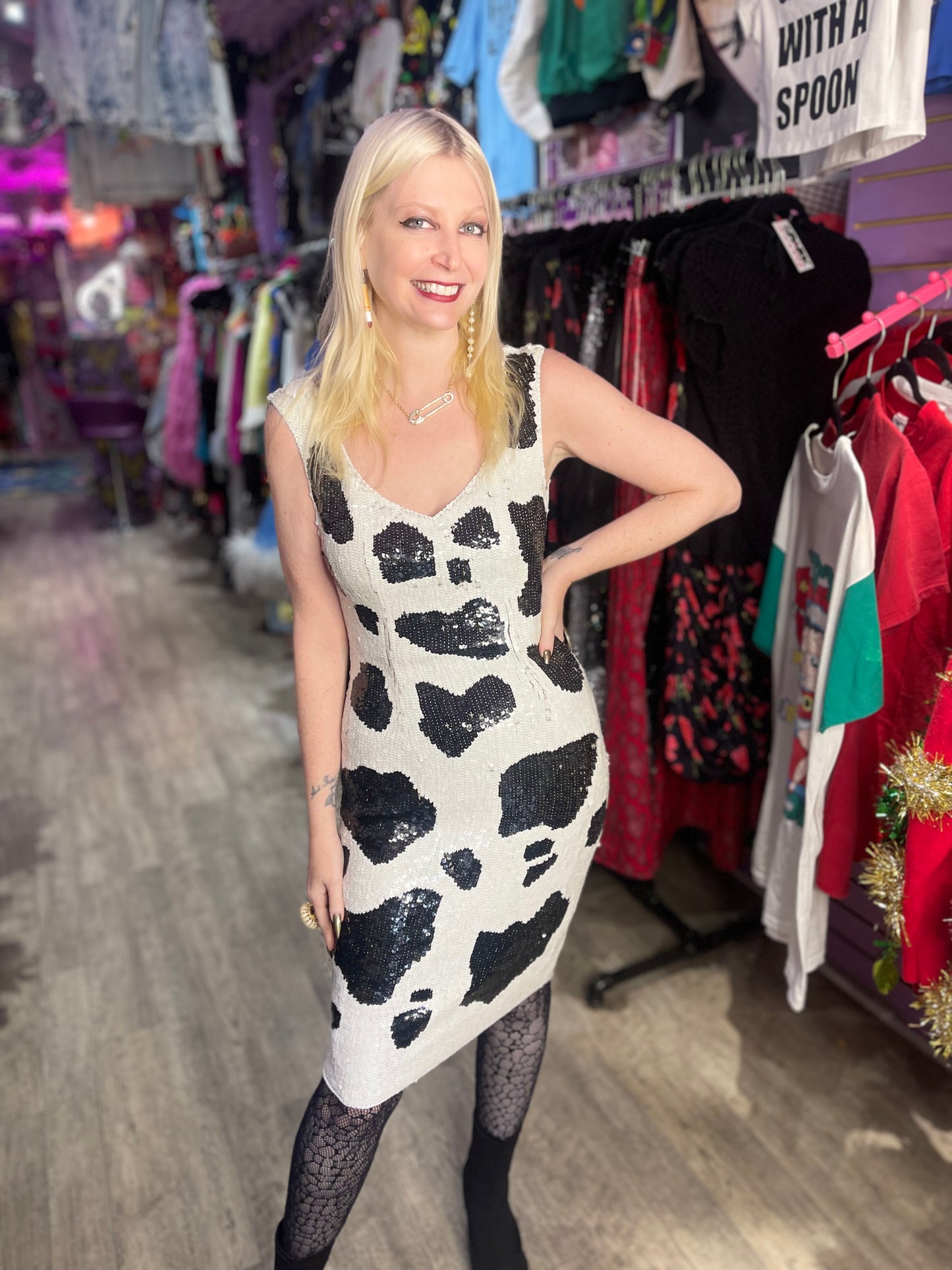Vintage 90s Sequin Cow Print Dress