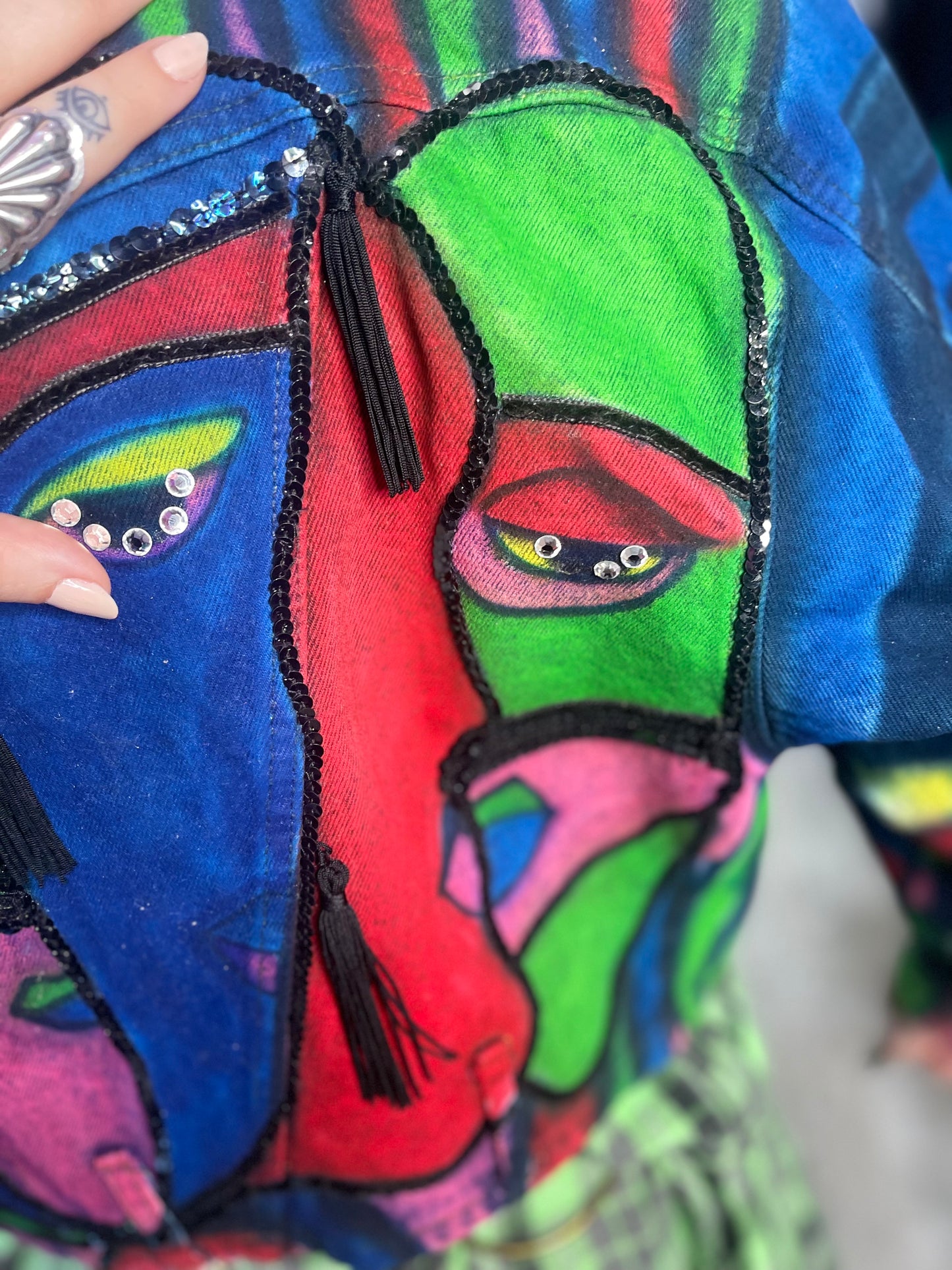 Vintage 80s Geometric Painted Faces Denim Jacket - Spark Pretty