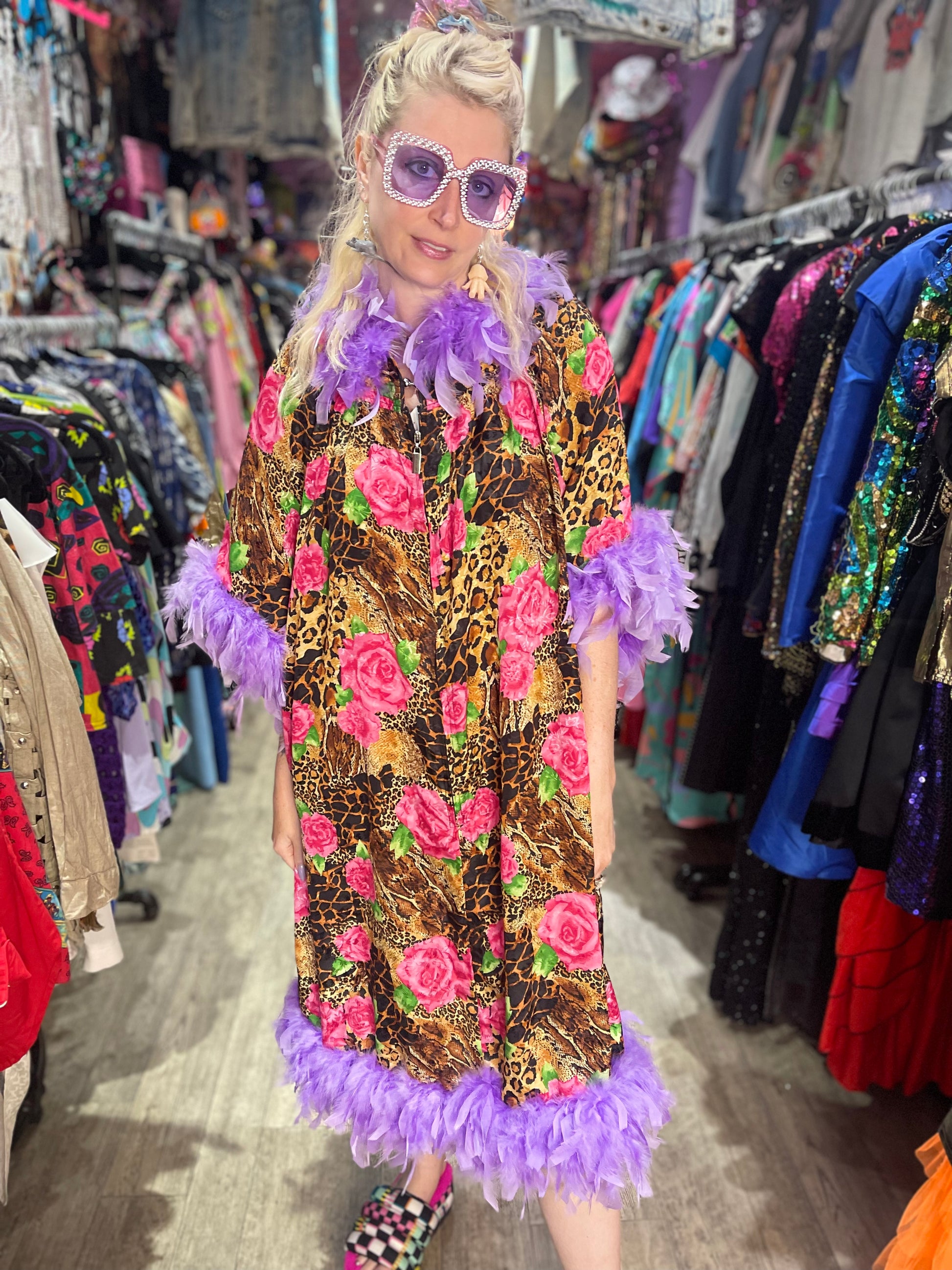Vintage 90s Leopard and Rose Feather Trim Caftan Spark Pretty Vintage 90s Leopard and Rose Feather Trim Caftan Spark Pretty