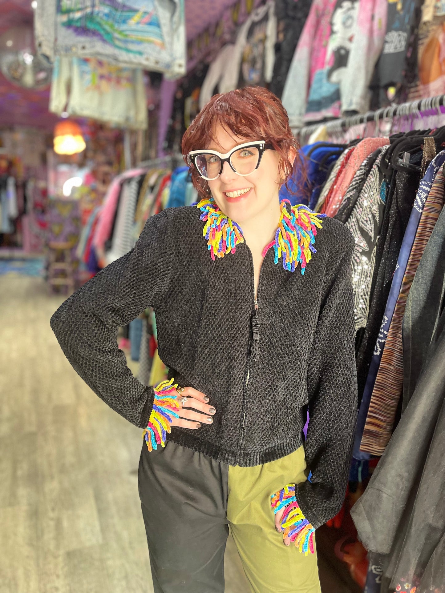 Vintage 90s Colorful Fringe Cardigan Sweater