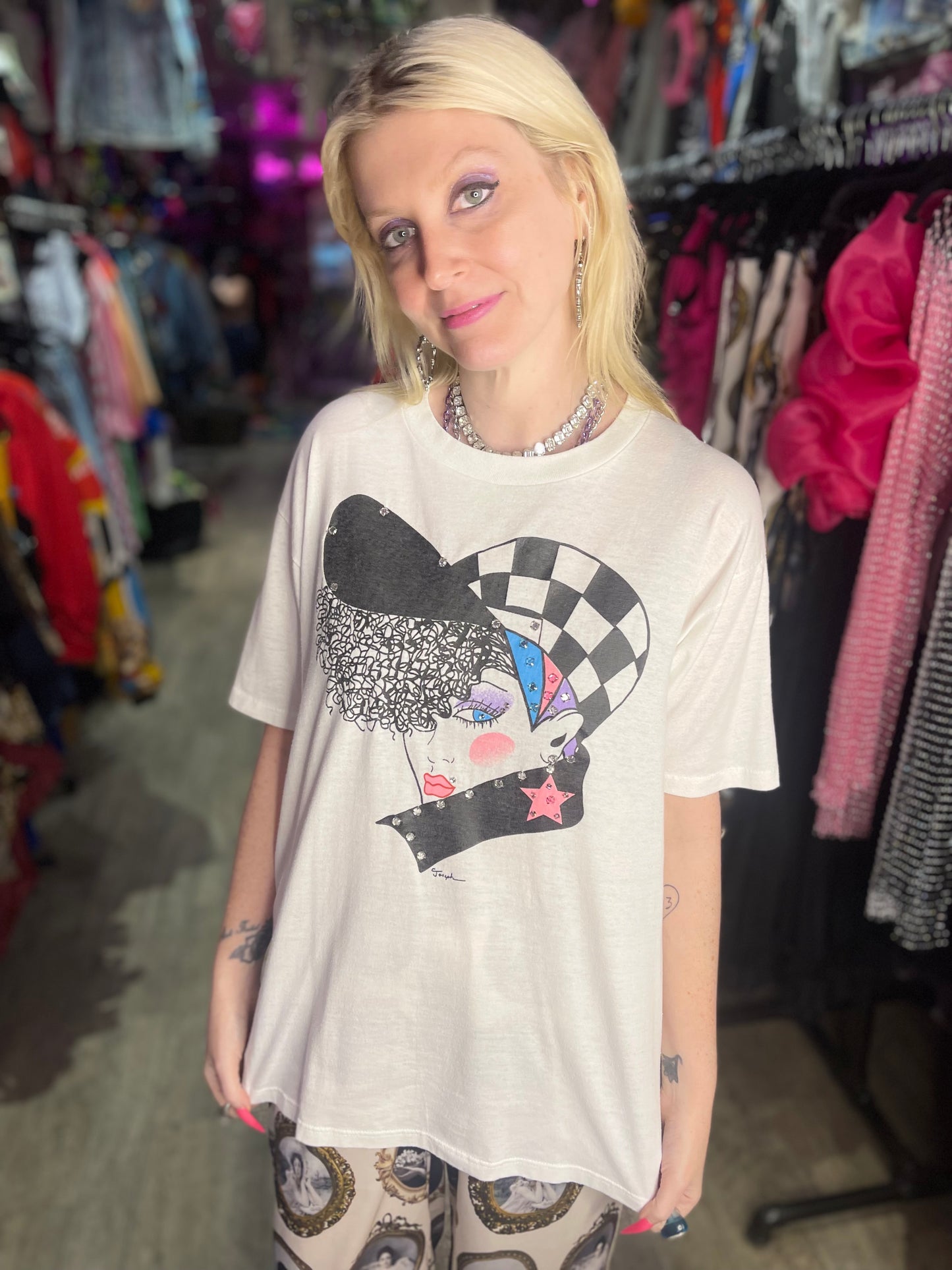 Vintage 80s New Wave Girl Bedazzled T-shirt