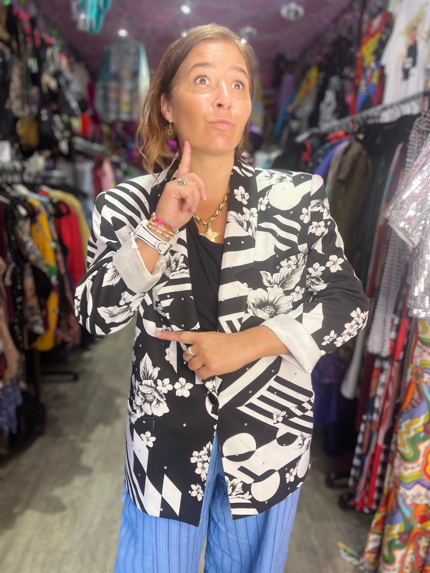 Vintage 90s Mix Print Black and White Geometric Blazer