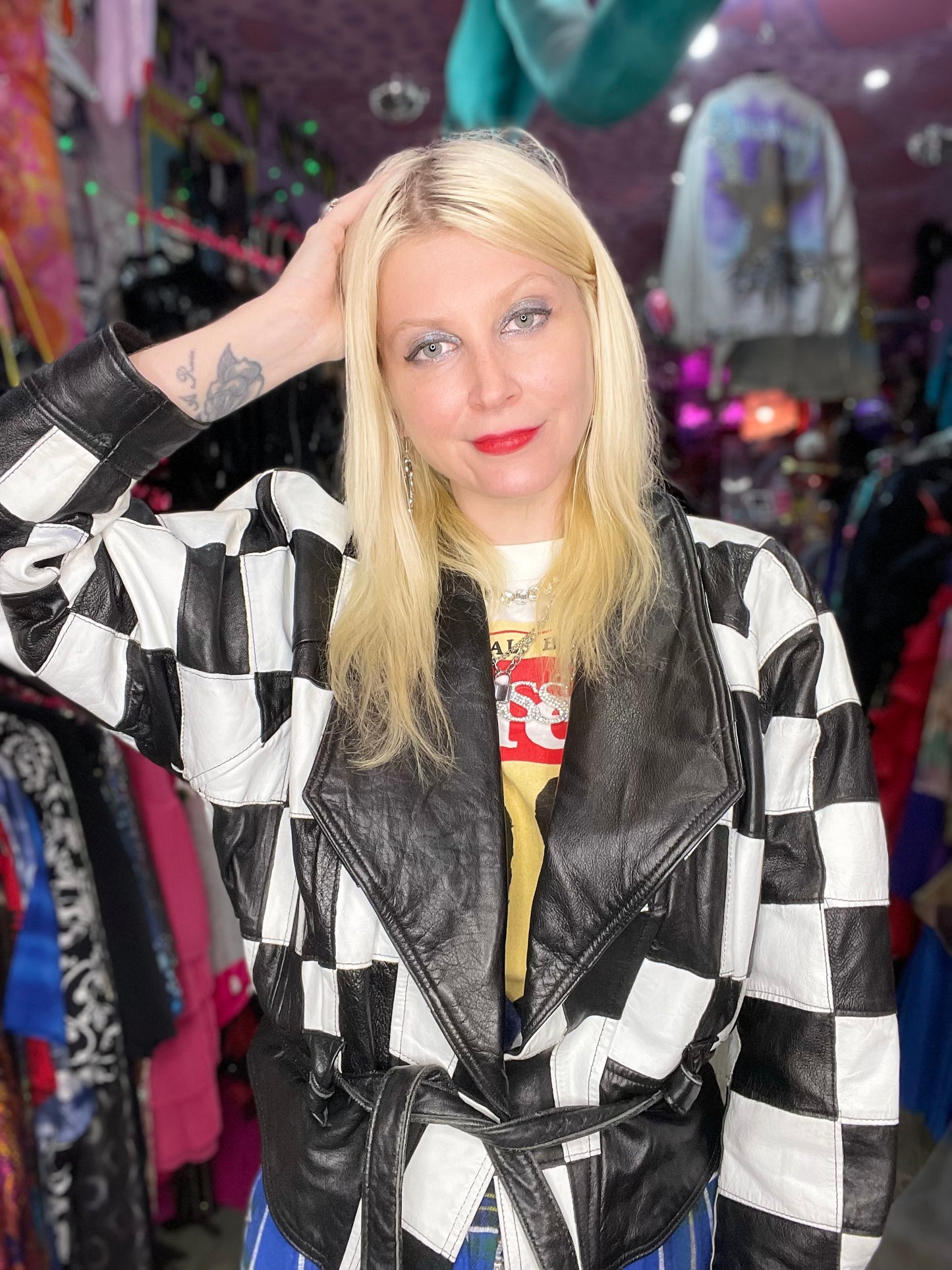 Vintage 80s Black & White Check Leather Jacket