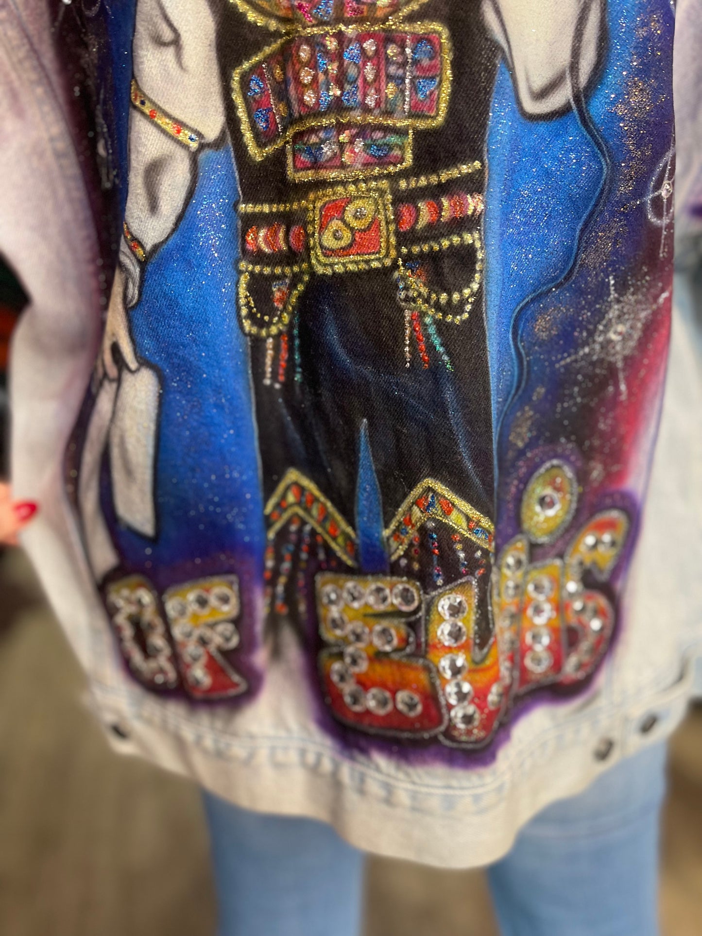 Vintage 80s Painted Bedazzled Elvis Jean Jacket - Spark Pretty