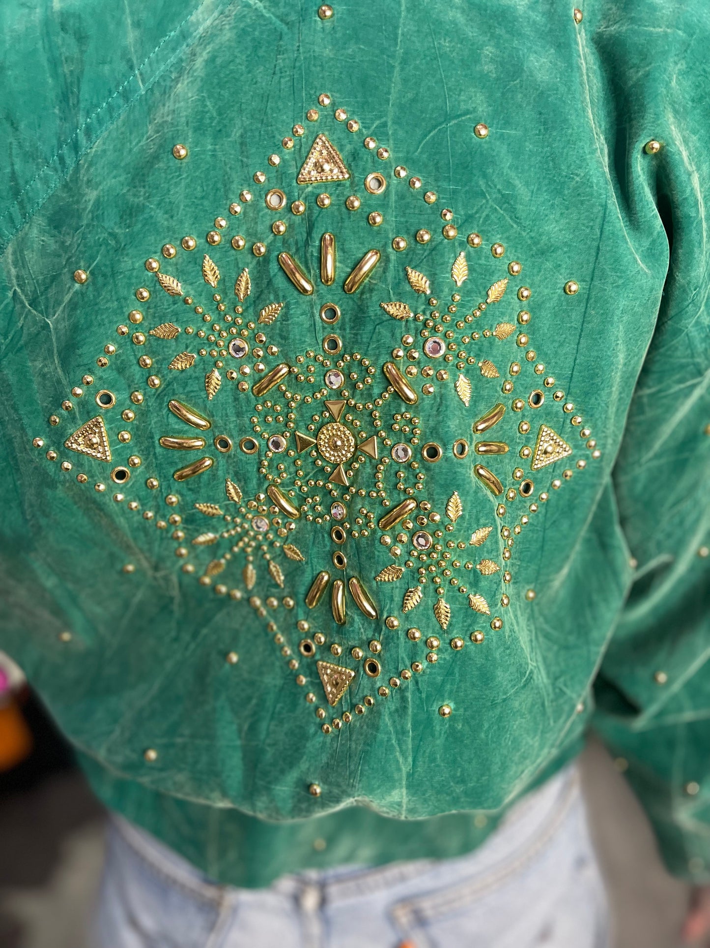 Vintage 90s Jewel Green Bedazzled Studded Moto Jacket
