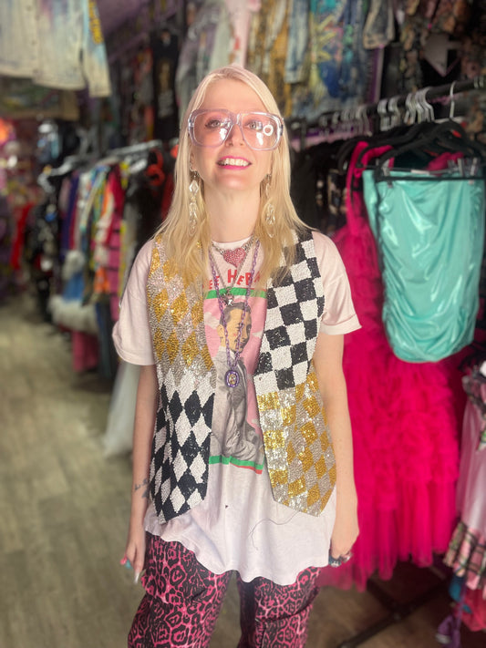 Vintage 90s Sequin Harlequin Theme Sequin  Vest - Spark Pretty