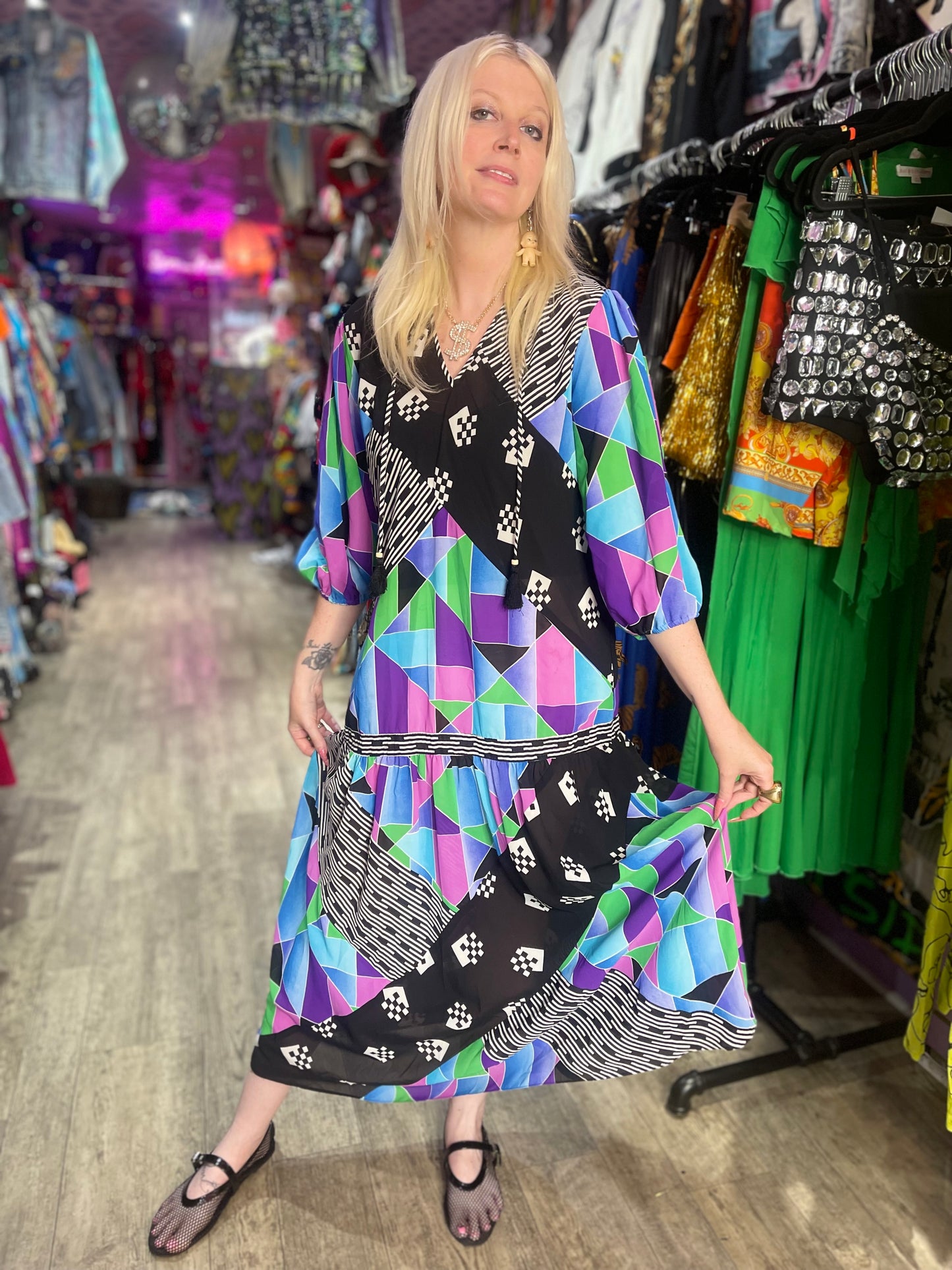 Vintage 80s Geometric Print Maxi Dress
