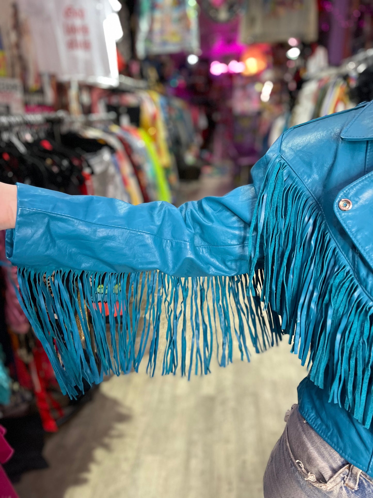 Vintage 80s Turquoise Blue Leather Fringe Moto Jacket - Spark Pretty