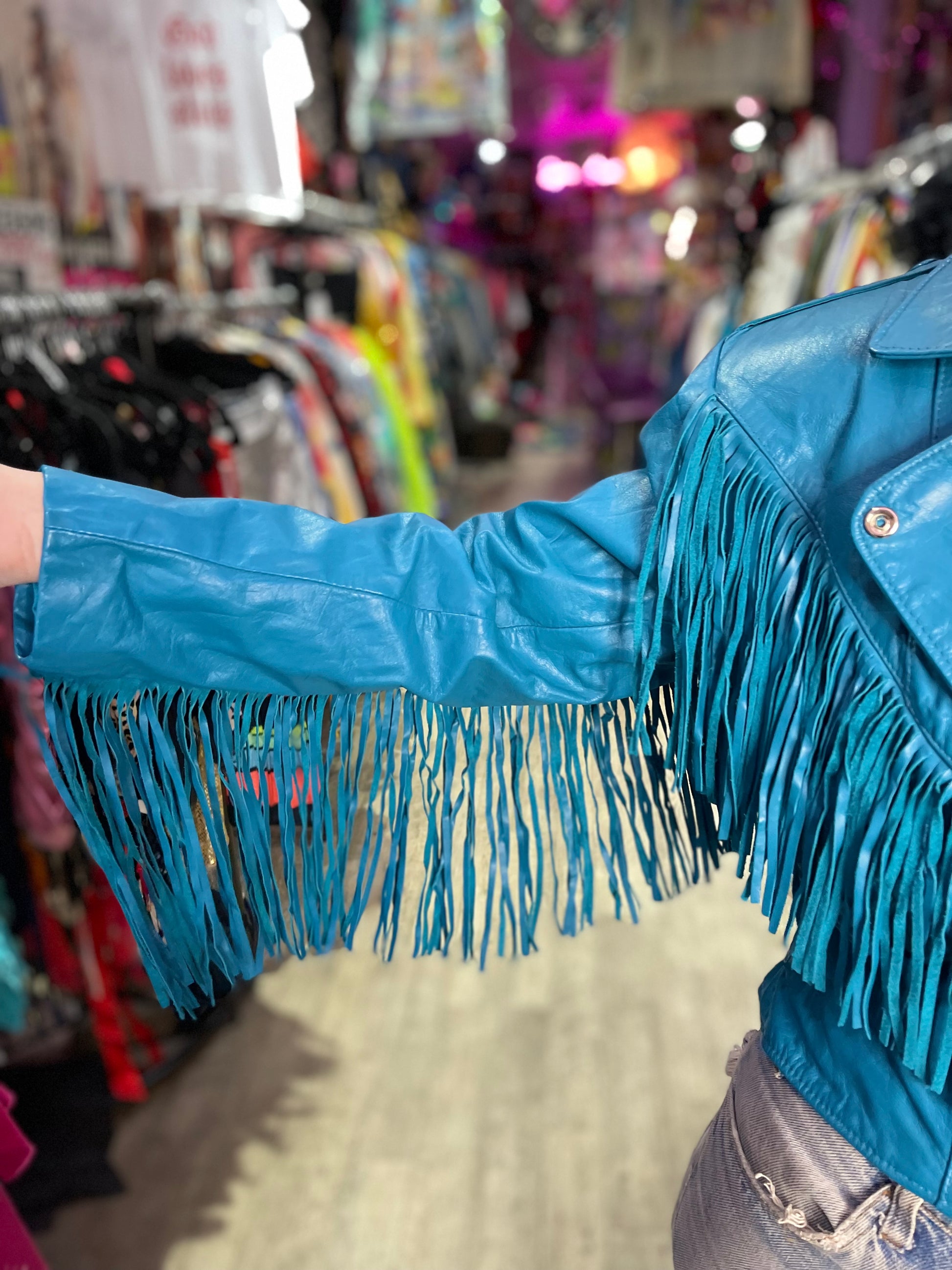 Vintage 80s Turquoise Blue Leather Fringe Moto Jacket - Spark Pretty