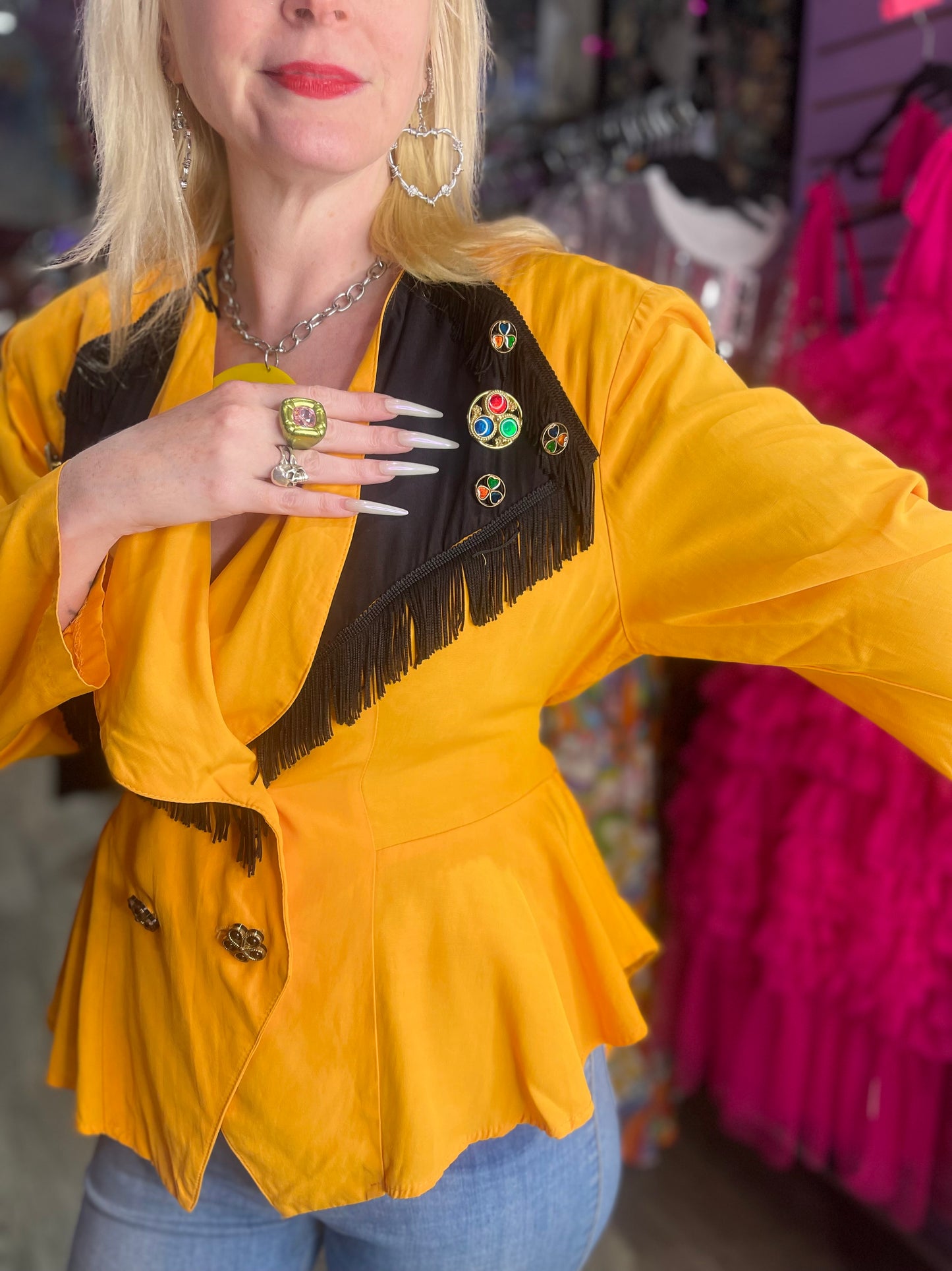Vintage 90s Yellow Bedazzled Studded Fringe Jacket