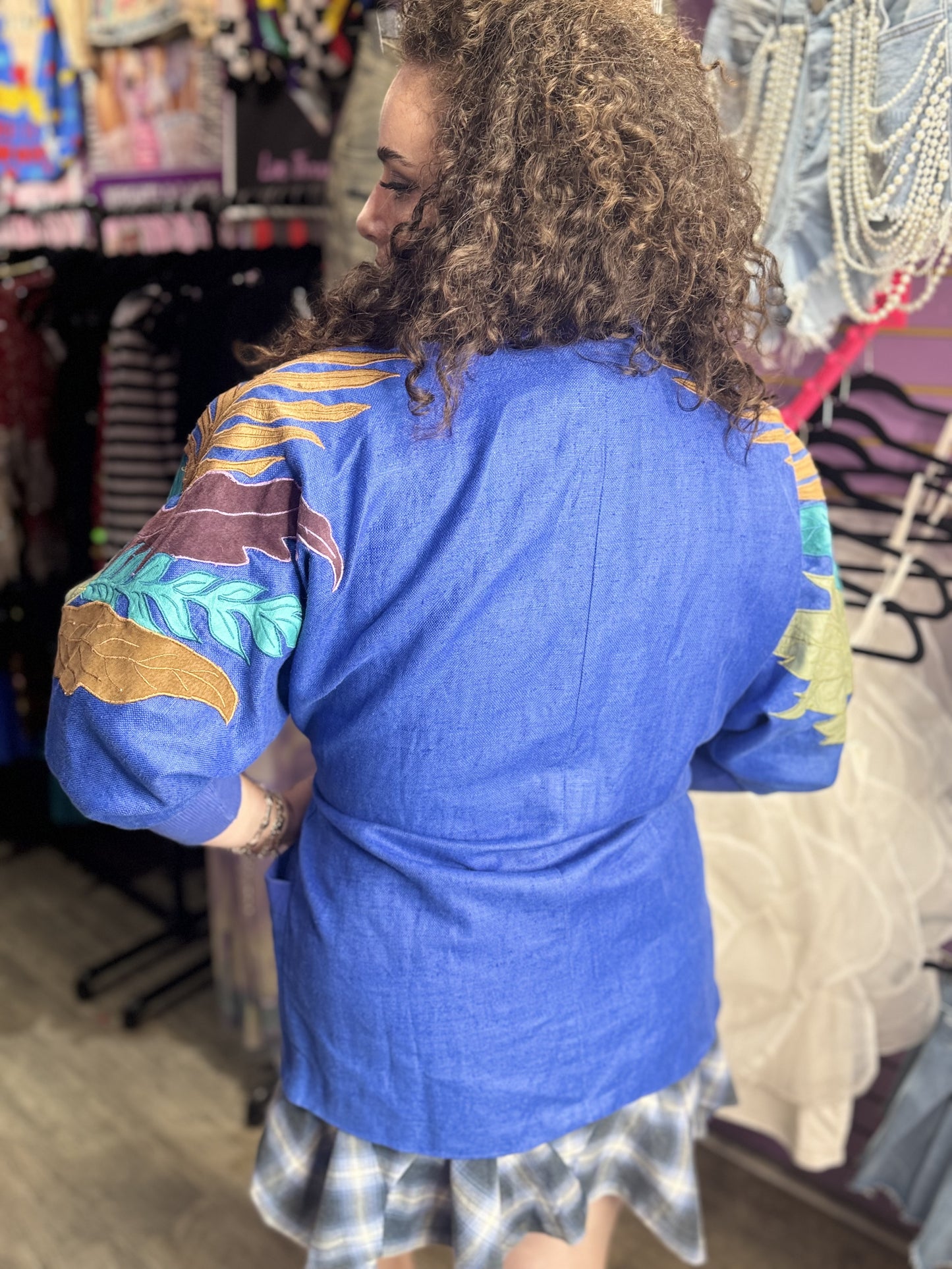 Vintage 80s Blue Linen Leaves Jacket