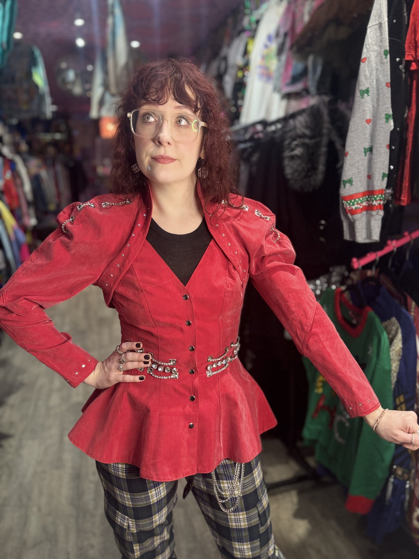 Vintage 90s Bedazzled Studded Red Peplum Jacket