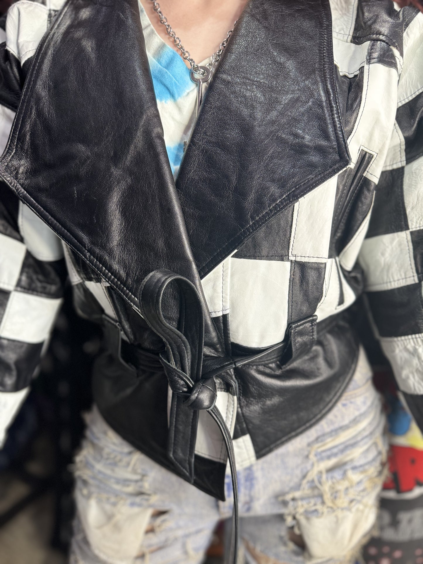 Vintage 80s Black & White Checkered Leather Jacket