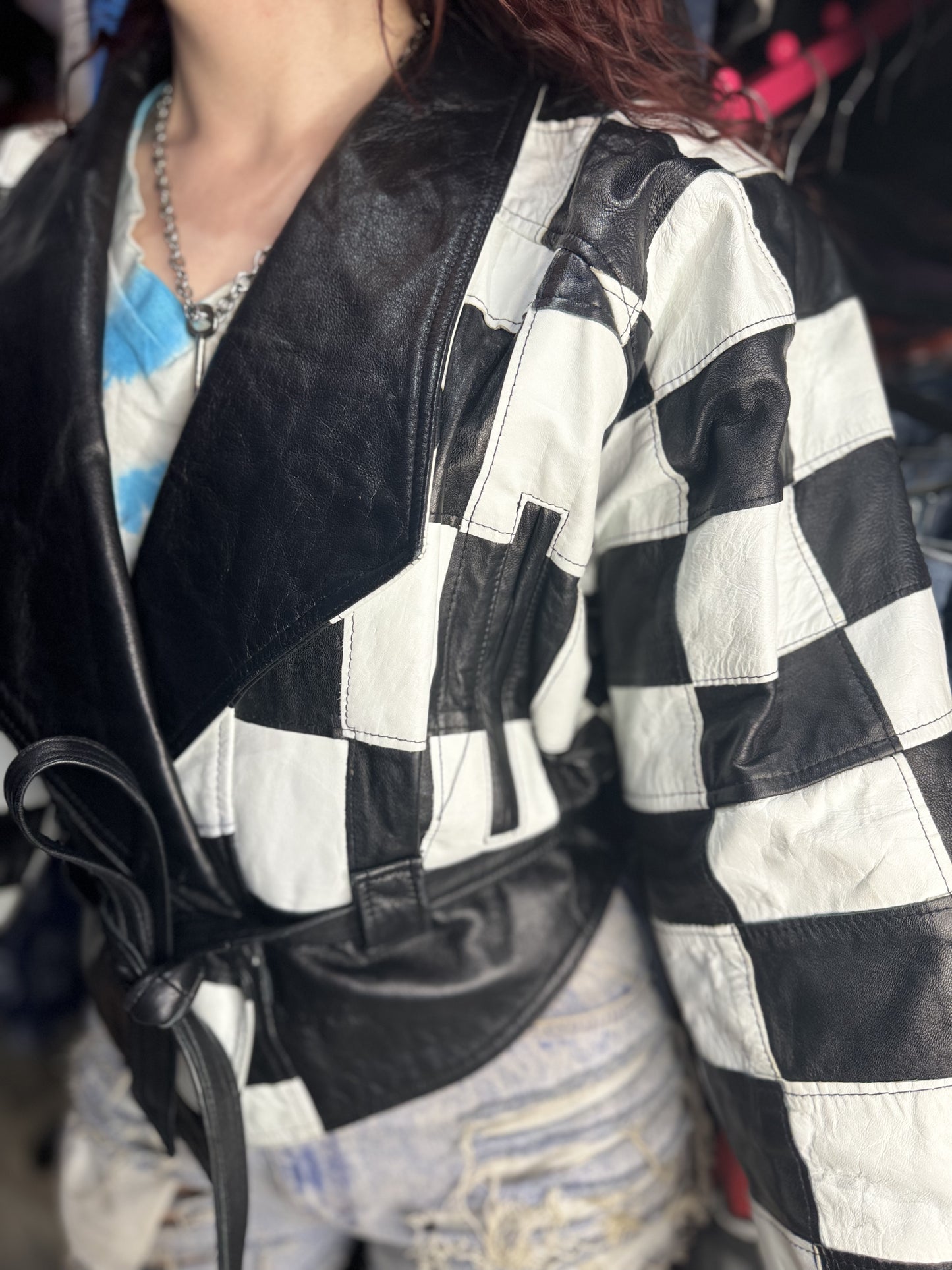 Vintage 80s Black & White Checkered Leather Jacket
