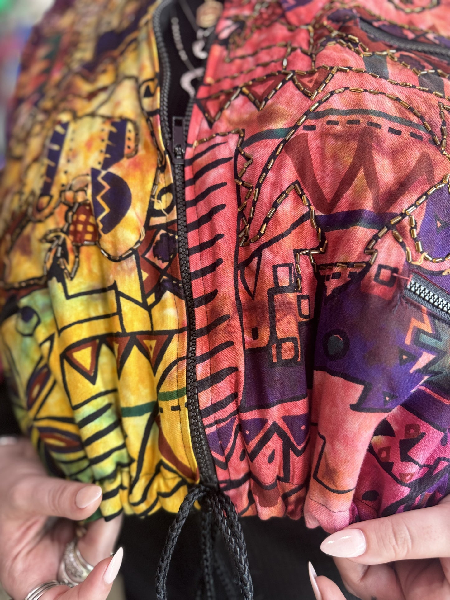 Vintage 90s Colorful Batik Print Cropped Sequin Bomber