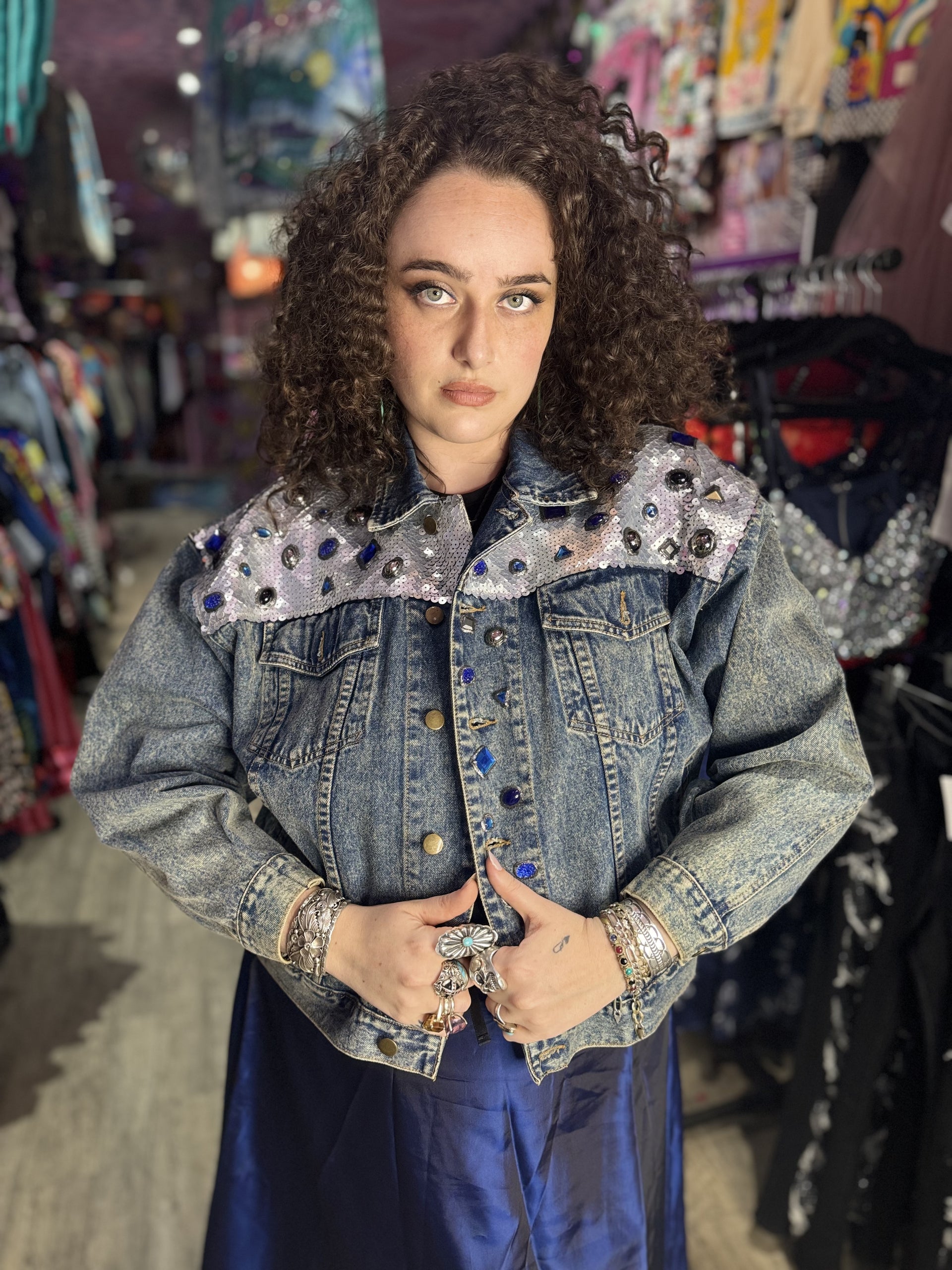 Vintage factory denim jacket sequins studs oversized 1990s