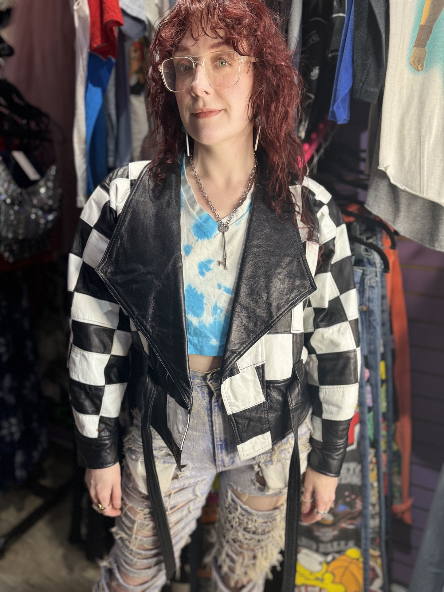 Vintage 80s Black & White Checkered Leather Jacket