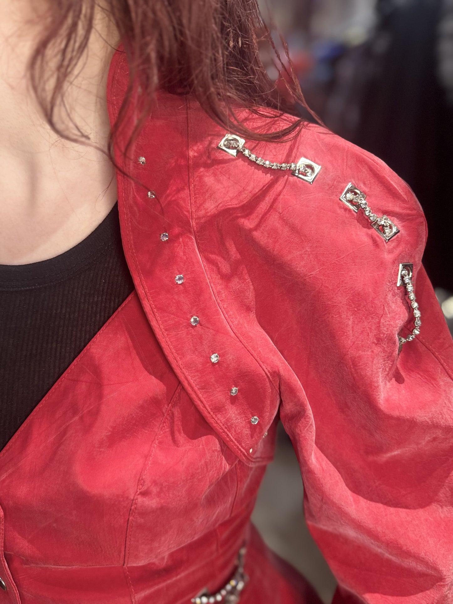 Vintage 90s Bedazzled Studded Red Peplum Jacket