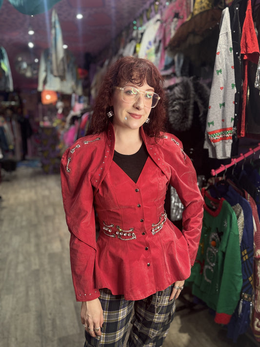 Vintage 90s Bedazzled Studded Red Peplum Jacket