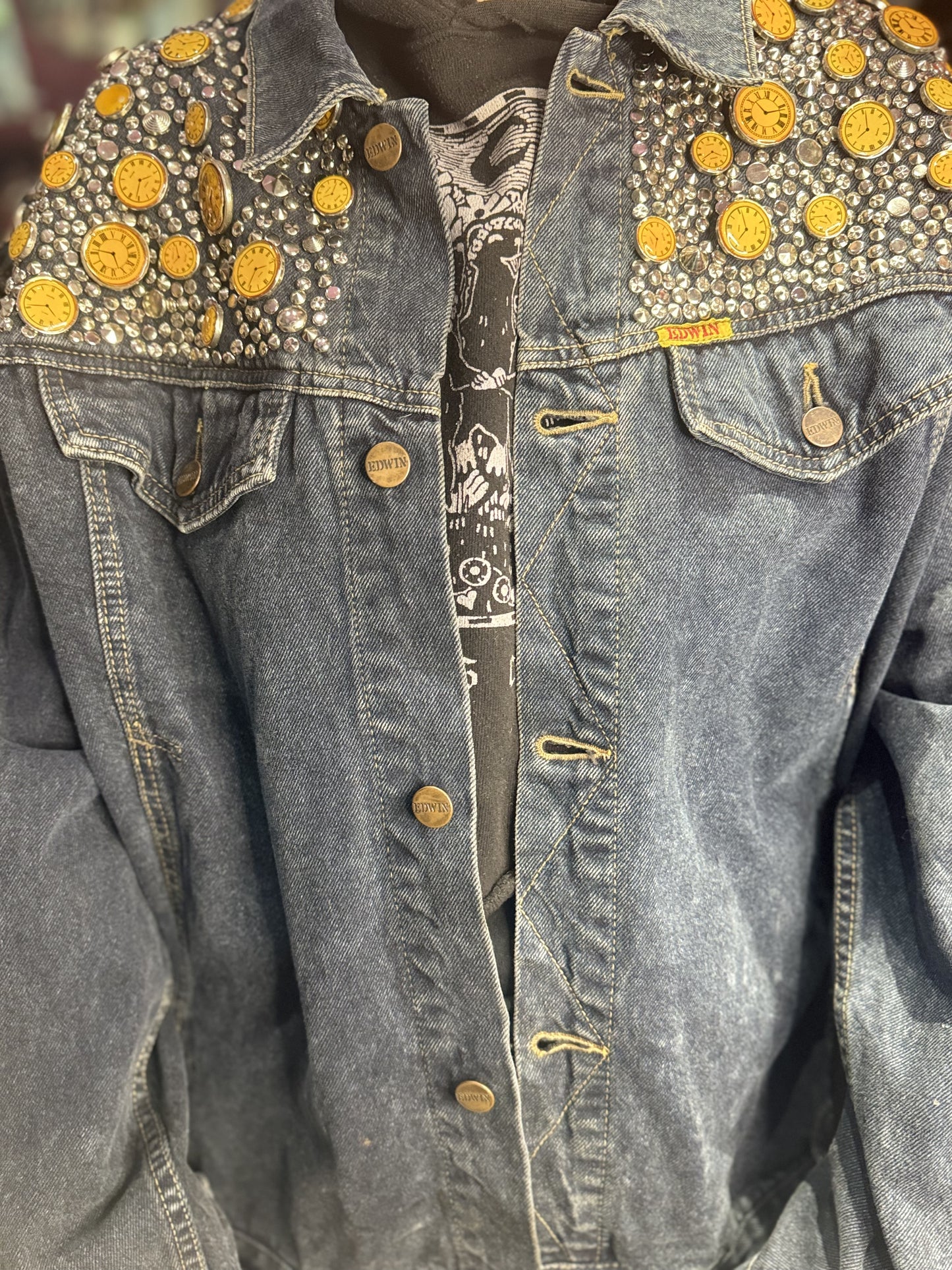 Vintage 80s Studded Clocks Jean Jacket