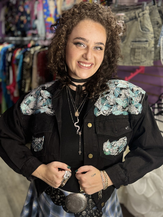 Vintage 90s Painted and Bedazzled Black Jean Jacket