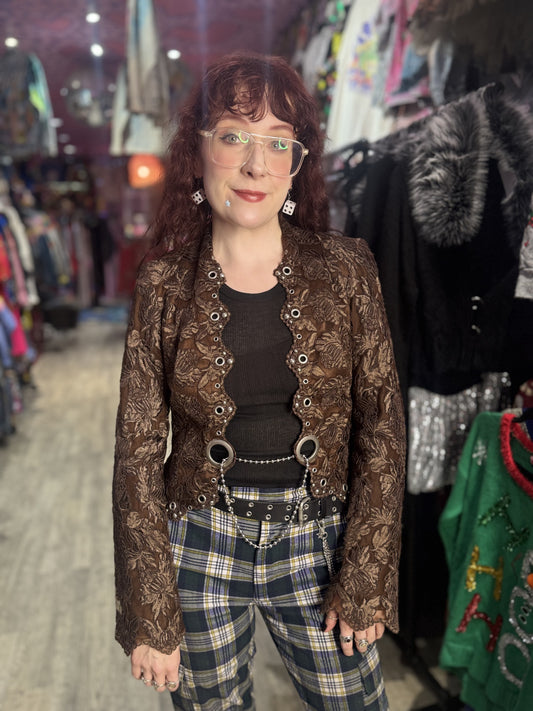 Vintage Y2K Brown Lace Steampunk Bolero Jacket