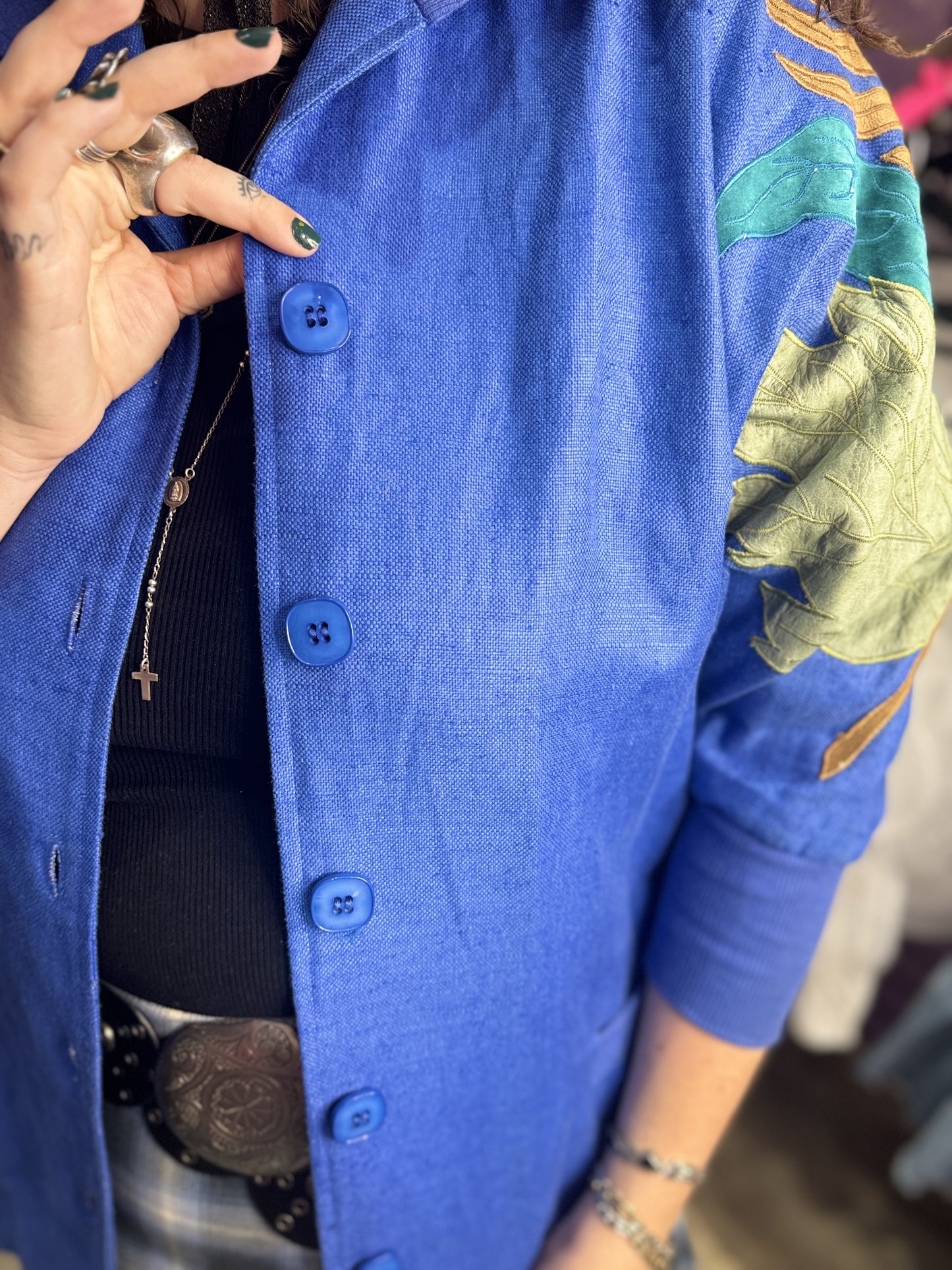 Vintage 80s Blue Linen Leaves Jacket